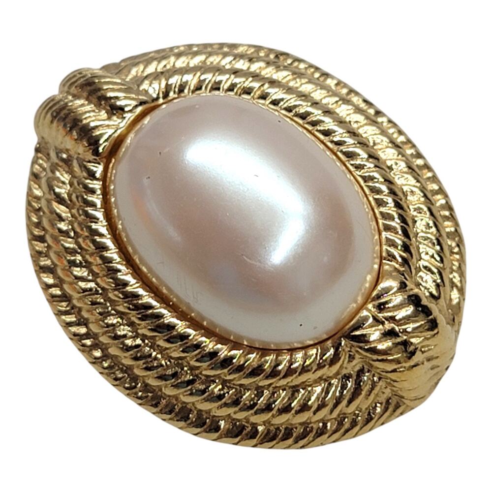 VTG Givenchy Paris New York Gold Tone Faux Pearl Oval Clip On Earring Single